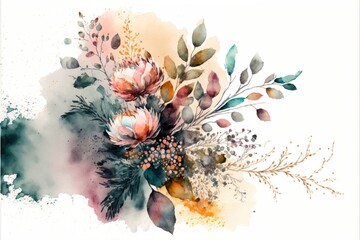 Fototapeta na wymiar a watercolor bouquet illustration assortment of flowers, branches, nature, spring-themed illustration, generative ai