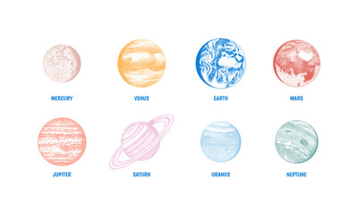 Planets in solar system. Moon and the sun, mercury and earth, mars and venus, jupiter or saturn and pluto. astronomical galaxy space. engraved hand drawn in old sketch, vintage style for label. © artbalitskiy