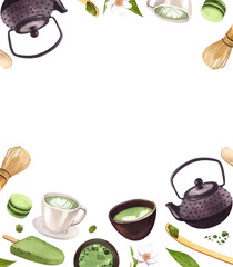 Watercolor frame with green tea matcha. Japanese tea ceremony hand-drawn illustration isolated on white background. Perfect food menu, concept for cafe, restaurant element, recipe book, cooking.