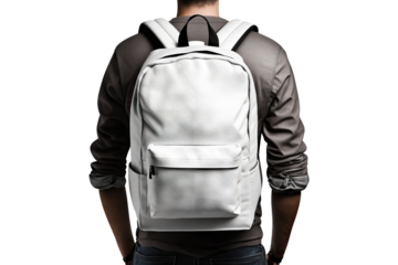 White blank backpack on man's back, view from behind, cut out. Based on Generative AI