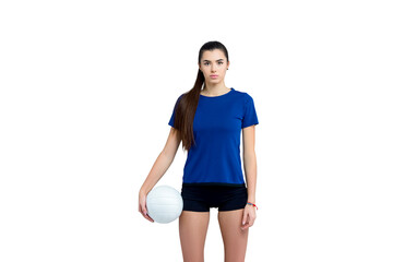 Volleyball girl hold and kick ball in blue costume on white background. Player doing sport workout at home. Sport and recreation concept