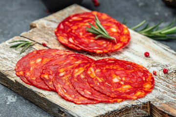 dry cured Spanish pork chorizo sausages with paprika, Food recipe background. Close up