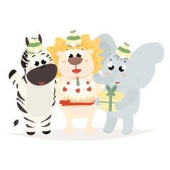Three cute animals. Holiday card, flyer, party.