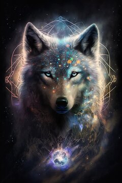 Wolf spirit portrait. Digital AI illustration with forest animal.