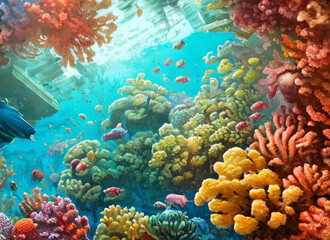 Fototapeta na wymiar coral reef with fish - Generated AI