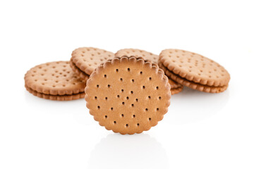 Double chocolate chip cookie. Tasty chocolate sandwich cookies with choco cream, isolated on white background. Close-up