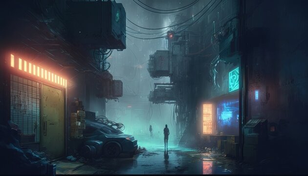 A cyberslum full of holograms and artificial emotions fueled by industrial music and data security systems. Cyberpunk art. AI generation.