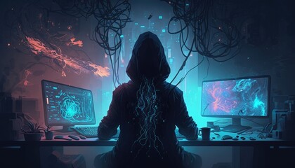 A shadowy figure rapt in a web of cyberculture and connected to an explosive information overload. Cyberpunk art. AI generation.