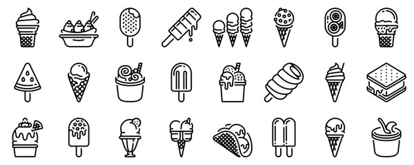 Line icons about ice cream on transparent background with editable stroke.