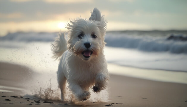 puppy of a white shaggy dog ​​runs along the beach
