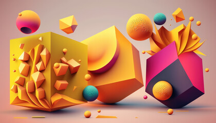 Explosive Abstraktion in 3D: Geometrische Formen, Farbverläufe und Kontraste verschmelzen zu einem kreativen und surrealen Kunstwerk voller Muster und lebendiger Farben.