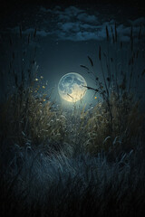 night, moon, trees, wind, grass, field, starry sky, night landscape