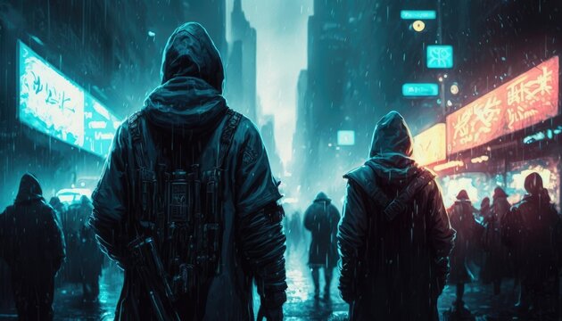 A cyberpunk ensemble floods the streets in an uprising of anarchy a physical manifestation of the hacktivist's revolution. Cyberpunk art. AI generation.