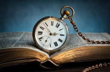 The clock lies on an old book. Clock as a symbol of time, the book is a symbol of knowledge and...