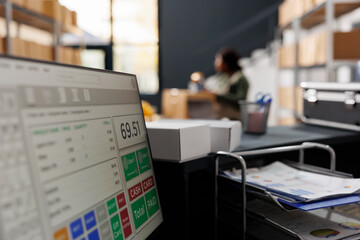 Selective focus of computer with online clients orders, in background african american supervisor preparing packages. Storehouse employee working at merchandise inventory in storage room