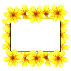Frame with flowers. Watercolor abstract bright summer yellow flowers and leaves. Isolated objects on white background