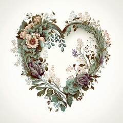 a beautiful watercolor heart-shaped wreath illustration with as assortment of flowers, branches, nature, spring-themed illustrations, wedding, bridal, generative ai