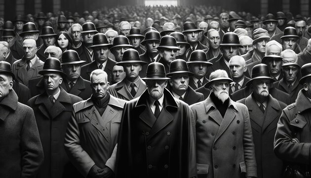 A group of people in an authoritarian rule of totalitarianism. Cyberpunk art. AI generation.