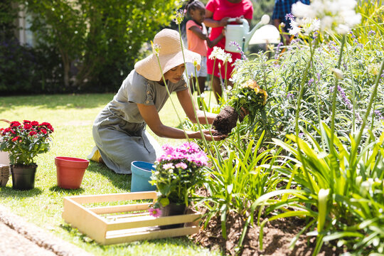 Happy african american family planting flowers in garden