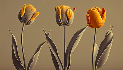 Tulips art illustration. Combination of orange and brown colors. Three flowerhead 