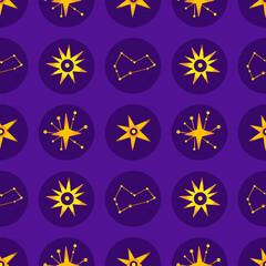 Vector seamless cosmic pattern of constellations and stars in circles on dark purple background. Repeating celestial design. Abstract space. Astronomy, astrology, esotericism. Wrapping papper, textile