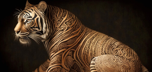  Bengal tiger. Siberian Tiger. golden tiger. Wild animal. Stylish illustration of oriental tattoos. Decoration with filaments. Wild cat. Feline. Portrait. Generative ai.