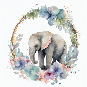 Beautifully watercolor painting of a elephant surrounded by a wreath of colorful flowers and leaves on white background, Generative AI