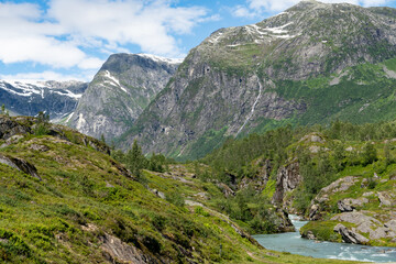 Naklejka na ściany i meble Blick zum Gletscher Jostedalsbreen in das Tal langedalen, Norwegen