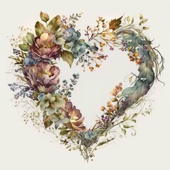 a Heart Shaped Watercolour Flower frame, Italy, flowers with space in center, neutral colors, bridal, floral, high quality, roses, nature, spring, fall colors, generative ai