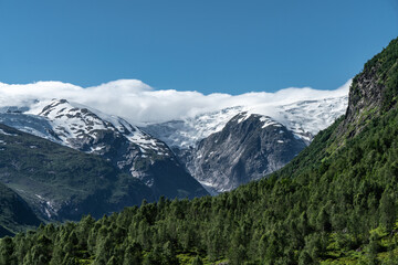 Blick in das tal langedalen zum Gletscher Jostedalsbreen, Norwegen