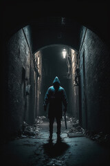 Dangerous criminal in a hoodie in a dark and grungy alley.  Generative AI.