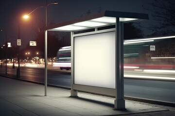 Billboard with light in the city center at night, with bus in motion Generative AI


