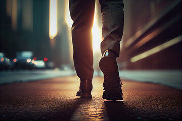 Close up of man's feet walking on the road at sunset.generative ai