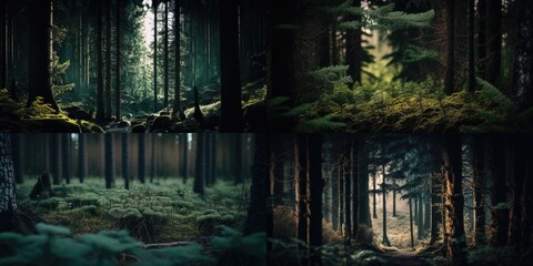 A series of images showing a forest with trees and the sun shining through them.