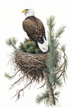 Digital illustration of a majestic watercolor bald eagle, in a large natural nest, the American Symbol, running. Made in part with Generative AI.
