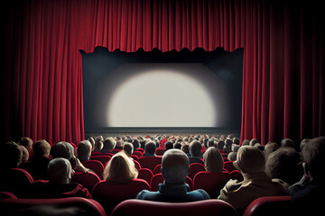 Cinema auditorium with red curtains and movie spotlight..generative ai