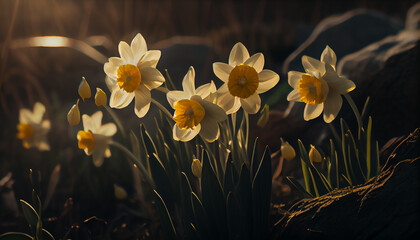 Daffodils in the garden at sunset. Spring flowers.generative ai