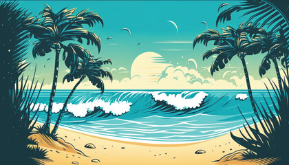 Fototapeta na wymiar Tropische Träume: Erleben Sie den perfekten Sommerurlaub am wunderschönen Strand, wo das Meer und der Himmel sich vereinen, umgeben von exotischen Palmen und weißem Sand, während Sie entspannen und di
