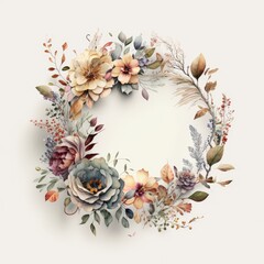 a floral wreath made of assorted watercolor flowers, neutral colors, bridal, floral, high quality, roses, nature, spring, fall colors