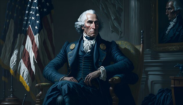 Realistic painting of George Washington with a serious and dramatic expression, sitting in the Oval Office of the White House