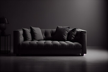 Modern black leather sofa with pillows on dark background.generative ai