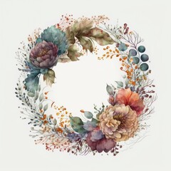 Obraz na płótnie Canvas a floral wreath made of assorted watercolor flowers for wedding, bridal, floral, high quality, roses, nature, spring, generative AI