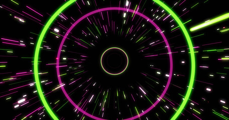 Image of green and pink neon circles and light trails on black background