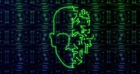 Image of digital head over network of connections and shapes