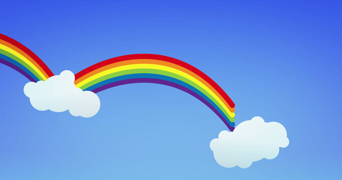 Image of rainbows and white clouds on blue background