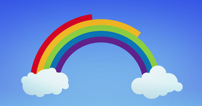 Image of rainbow and white clouds on blue background