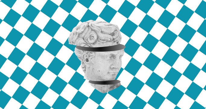 Image of head sculpture on checkered background