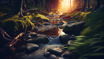 Mountain stream in the forest at sunset.generative ai