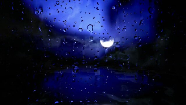 Rain running down a window against full moon