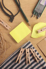 view from above flat lay photo of ordinary object on wooden background